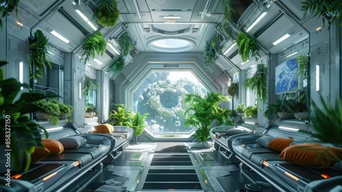 Interior of a futuristic space habitat module with lush green plants, photorealistic, spacious and comfortable living quarters, emphasizing human adaptation to space. 