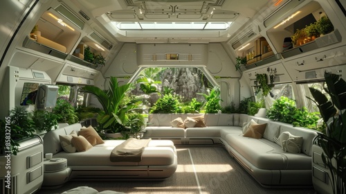 Interior of a futuristic space habitat module with lush green plants, photorealistic, spacious and comfortable living quarters, emphasizing human adaptation to space. -