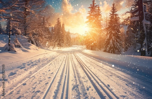 winter road covered with snow on sunny day, winter road in the forest, A winter road unfolds like a tranquil pathway, where silent snow blankets the landscape in serene white beauty © Rozeena