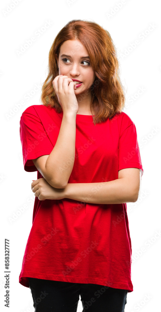 Young beautiful woman over isolated background looking stressed and nervous with hands on mouth biting nails. Anxiety problem. Young beautiful woman over isolated background looking stressed and nervous with hands on mouth biting nails. Anxiety problem.
