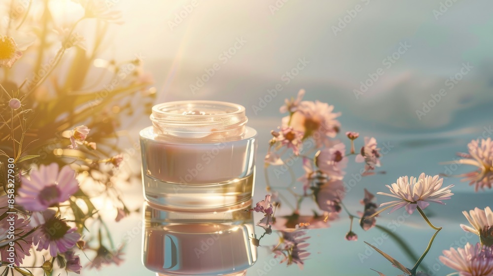 A glass jar of cream sits on a reflective surface surrounded by delicate pink flowers, bathed in warm sunlight. A glass jar of cream sits on a reflective surface surrounded by delicate pink flowers, bathed in warm sunlight.