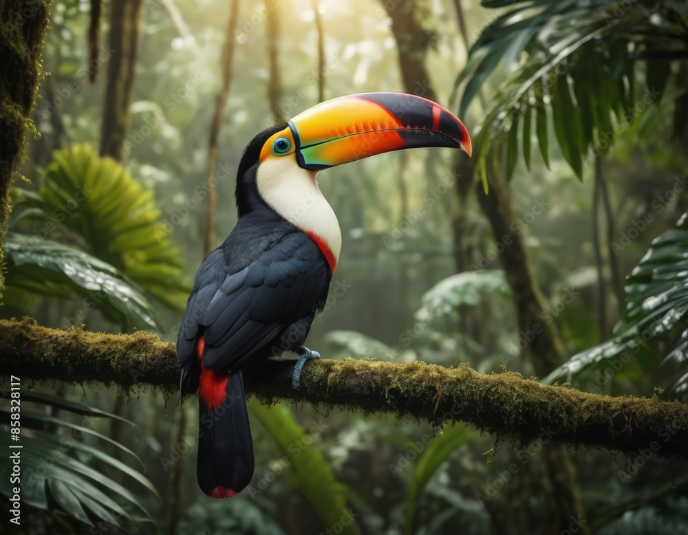 Naklejka premium A colorful bird perched on a branch in a forest.