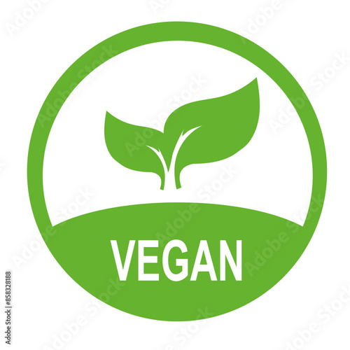 Vegan vector icon. Organic, bio, eco symbol. Vegan, no meat, lactose free, healthy, fresh and nonviolent food. Round green vector illustration with leaves for stickers, labels and logos