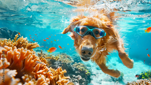 Funny dog swimming and diving in the sea beach on summer vacation holidays travel concept.
