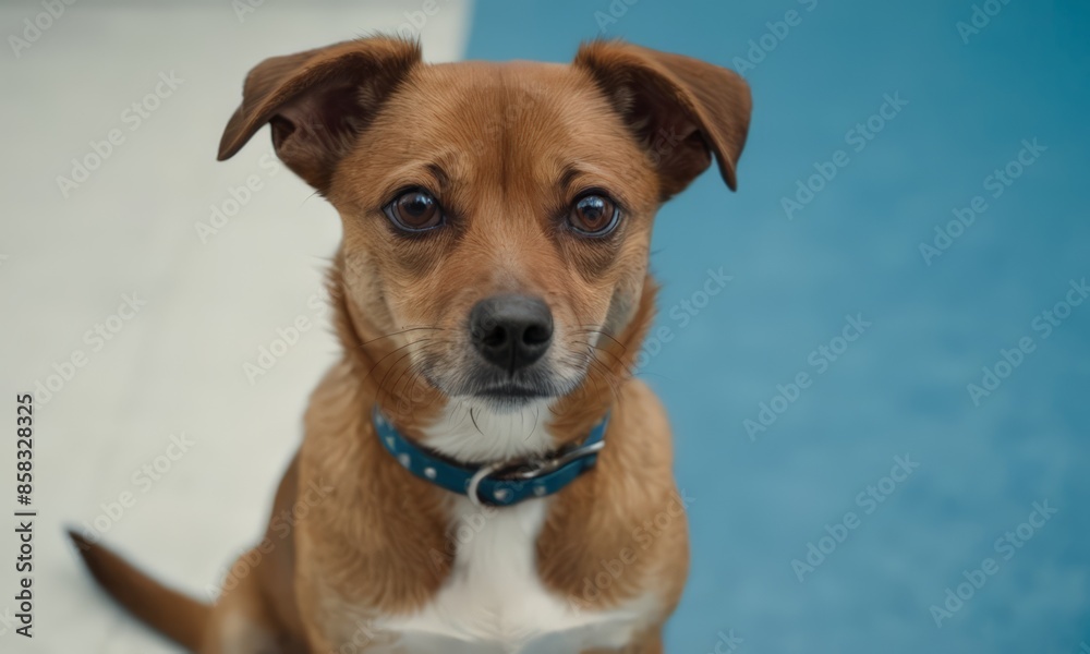 Brown and White Dog with Blue Collar Brown and White Dog with Blue Collar