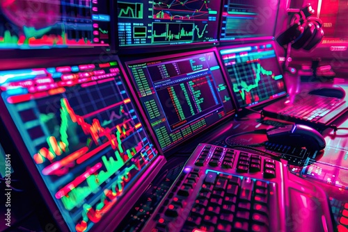 Colorful stock market trading screens with financial graphs and data charts in a vibrant, high-tech trading environment.