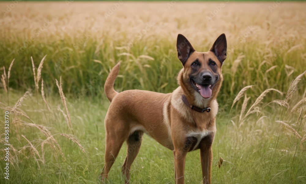 A dog standing in a field of tall grass. A dog standing in a field of tall grass.