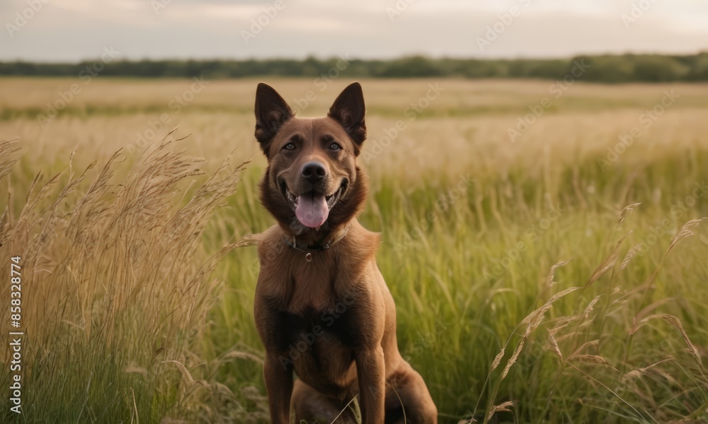 A dog standing in a field with a smile on its face. A dog standing in a field with a smile on its face.