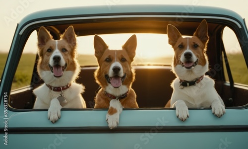 Three dogs hanging out of a car window