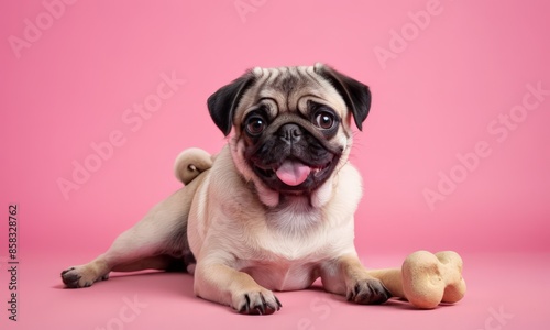A Pug Dog Laying on a Pink Surface photo