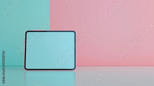 Minimalistic photo of a tablet against a two-tone pastel background with blue and pink hues, perfect for tech or design-themed content.