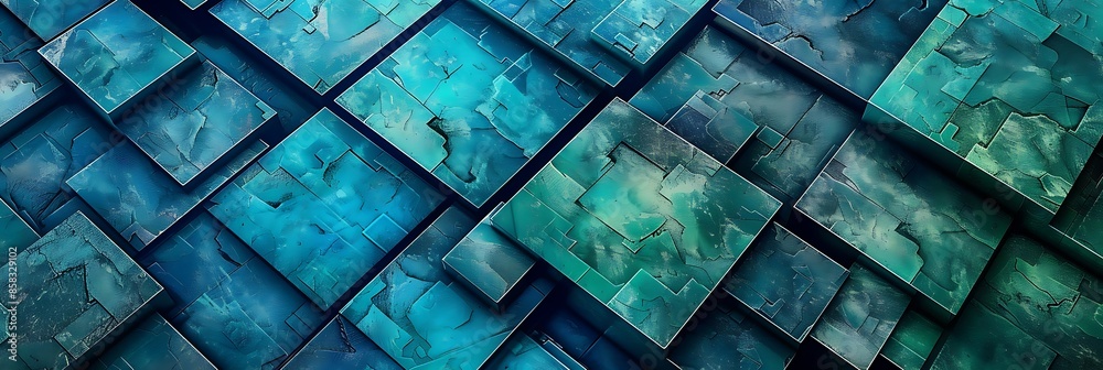 An intricate geometric design of overlapping squares in vibrant blues and greens An intricate geometric design of overlapping squares in vibrant blues and greens