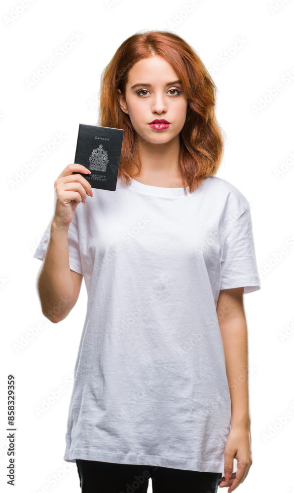Young beautiful woman holding passport of canada over isolated background with a confident expression on smart face thinking serious Young beautiful woman holding passport of canada over isolated background with a confident expression on smart face thinking serious