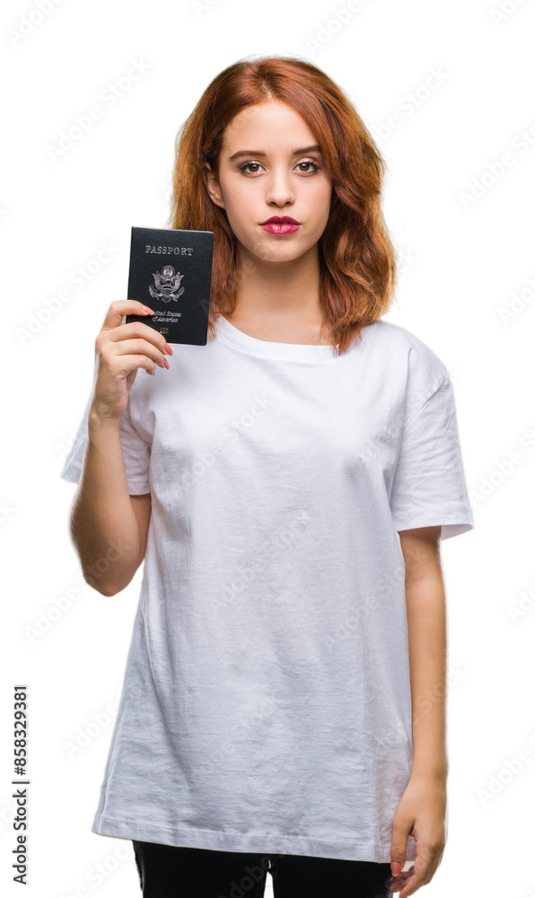 Young beautiful woman holding passport of united states of america over isolated background with a confident expression on smart face thinking serious Young beautiful woman holding passport of united states of america over isolated background with a confident expression on smart face thinking serious