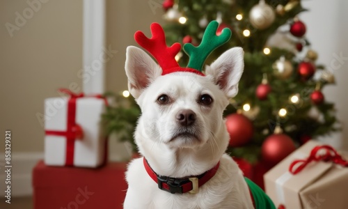 A White Dog Wearing a Reindeer Antlers Costume photo