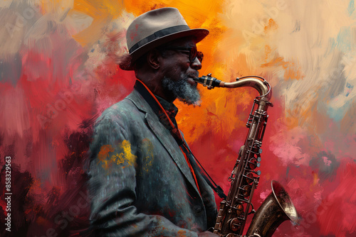 Black musician playing saxophone, Jazz saxophone player illustration for jazz poster.