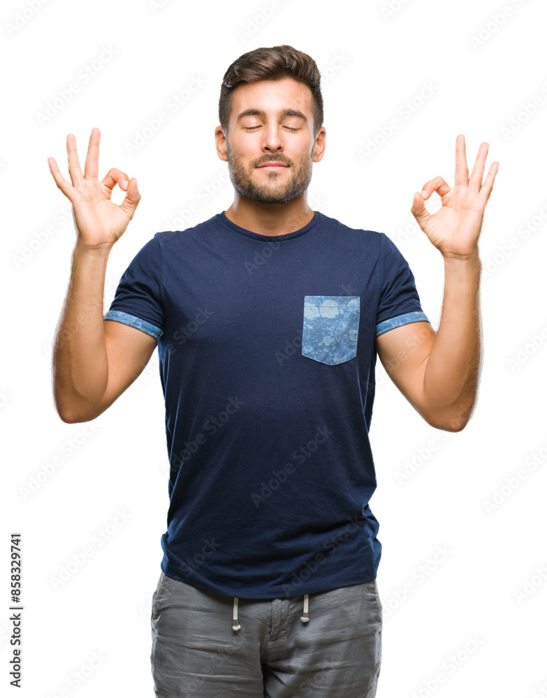 Young handsome man over isolated background relax and smiling with eyes closed doing meditation gesture with fingers. Yoga concept. Young handsome man over isolated background relax and smiling with eyes closed doing meditation gesture with fingers. Yoga concept.
