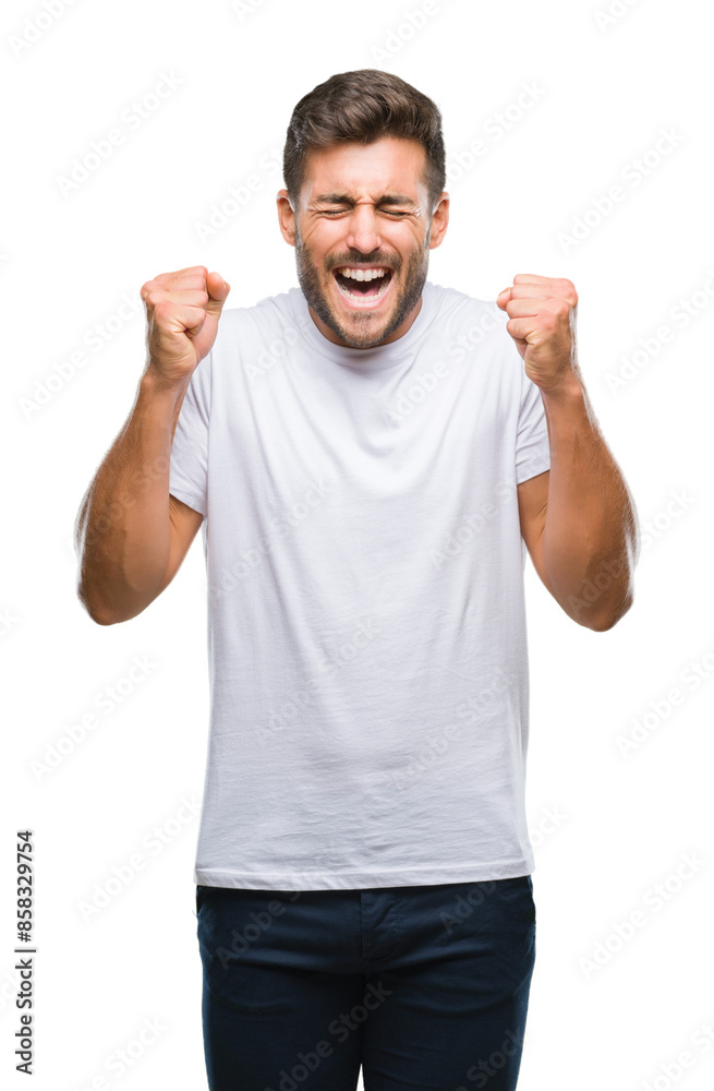 Young handsome man over isolated background excited for success with arms raised celebrating victory smiling. Winner concept. Young handsome man over isolated background excited for success with arms raised celebrating victory smiling. Winner concept.