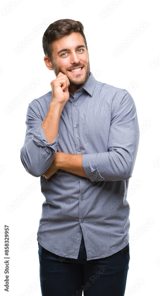 Young handsome man over isolated background with hand on chin thinking about question, pensive expression. Smiling with thoughtful face. Doubt concept. Young handsome man over isolated background with hand on chin thinking about question, pensive expression. Smiling with thoughtful face. Doubt concept.