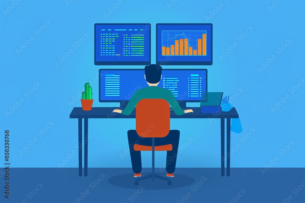 Person working at desk with multiple monitors displaying data and graphs. Business analytics and technology concept. Person working at desk with multiple monitors displaying data and graphs. Business analytics and technology concept.