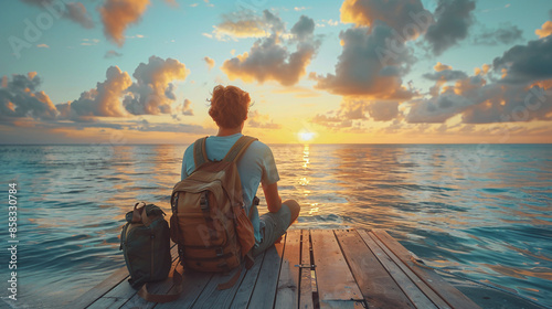 A man sitting on a wooden dock by the beach, gazing out at the horizon with a sense of contemplation and wanderlust, his backpack beside him