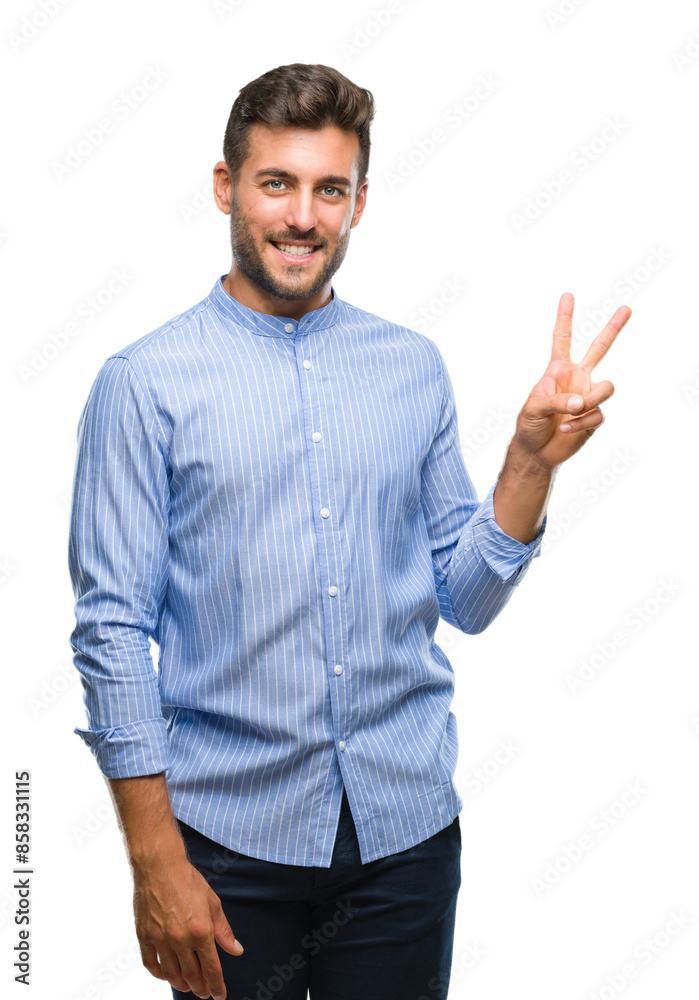Young handsome man over isolated background smiling with happy face winking at the camera doing victory sign. Number two. Young handsome man over isolated background smiling with happy face winking at the camera doing victory sign. Number two.