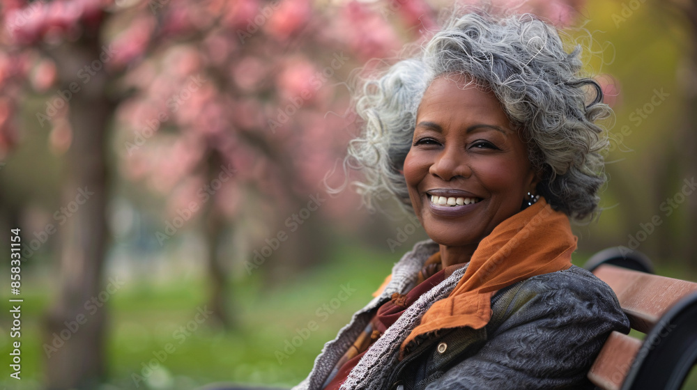 A mature woman smiling warmly while sitting on a park bench, surrounded by green trees and blooming flowers A mature woman smiling warmly while sitting on a park bench, surrounded by green trees and blooming flowers