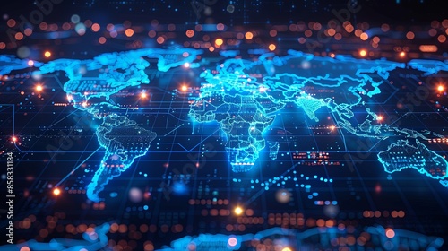 High-tech digital world map featuring glowing blue data connections over a dark background, illustrating global networks and connectivity in modern technology.