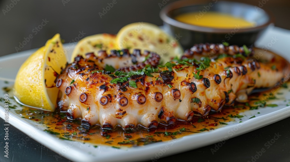 Close-up of a perfectly grilled octopus tentacle, garnished with lemon wedges and sprinkled with fresh herbs, served on a white plate with ample copy space. Close-up of a perfectly grilled octopus tentacle, garnished with lemon wedges and sprinkled with fresh herbs, served on a white plate with ample copy space.