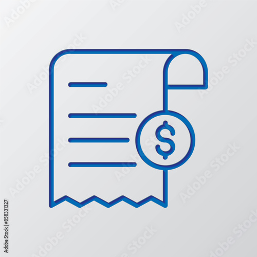 Bill and dollar simple icon vector. Flat design. Paper cut design. Cutted blue symbol with shadow. Gray background