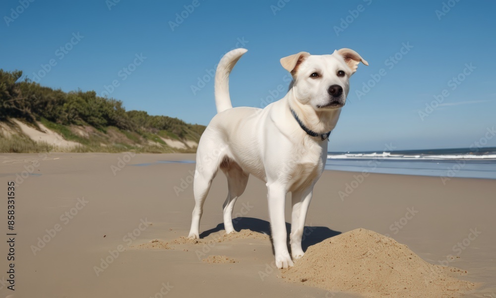 A White Dog Standing on the Beach A White Dog Standing on the Beach