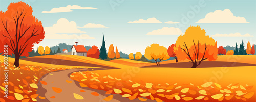 Autumn rural landscape, golden autumn. Vector illustration of a beautiful autumn landscape of yellow fields, fallen leaves, golden trees, against the backdrop of village houses, road, blue sky.