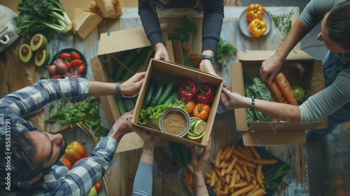 A group of volunteers pack fresh produce into boxes for delivery to people in need. AIG535 photo