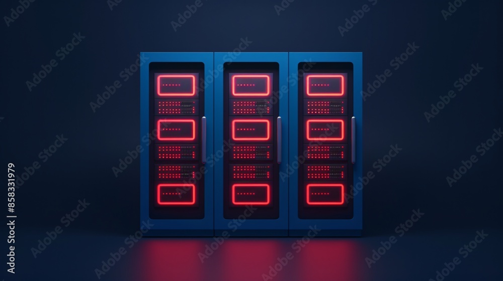 Three modern server racks with red LED lighting in a dark room, representing advanced data center technology and cybersecurity concepts.