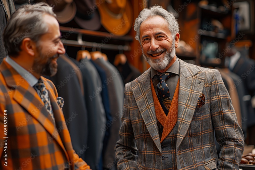 Two Men Wearing Plaid Suits Stand in a Clothing Store Two Men Wearing Plaid Suits Stand in a Clothing Store