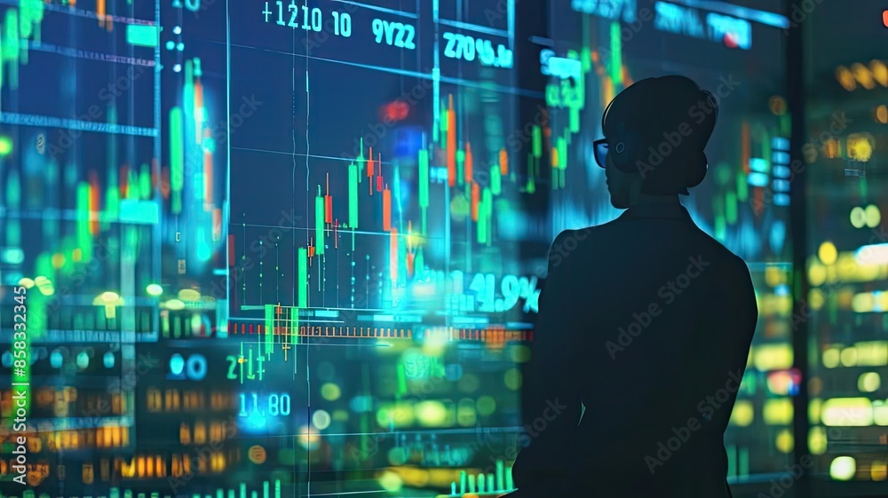 Silhouette of a person analyzing financial data on multiple screens in a futuristic urban office with colorful charts and graphs. Silhouette of a person analyzing financial data on multiple screens in a futuristic urban office with colorful charts and graphs.