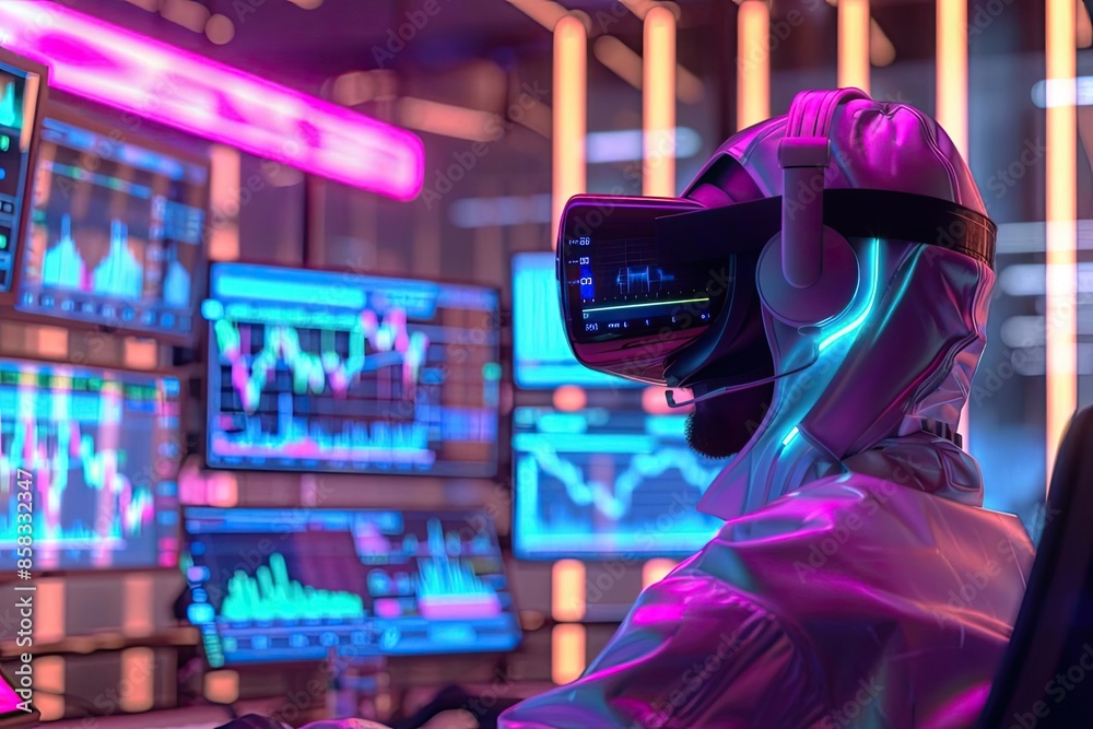 Futuristic scene of a person using VR headset in a high-tech control room with multiple digital displays, highlighting data analysis and technology. Futuristic scene of a person using VR headset in a high-tech control room with multiple digital displays, highlighting data analysis and technology.