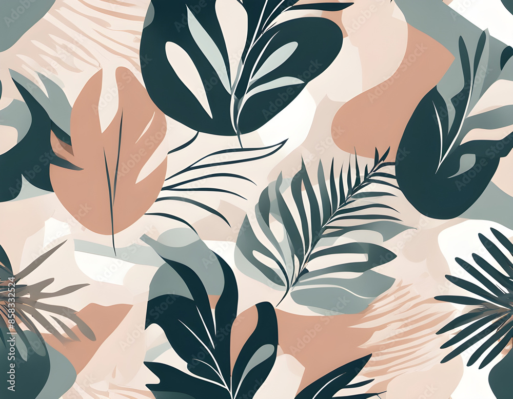 Seamless vector floral pattern with tropical leaves and abstract shapes. Seamless vector floral pattern with tropical leaves and abstract shapes.