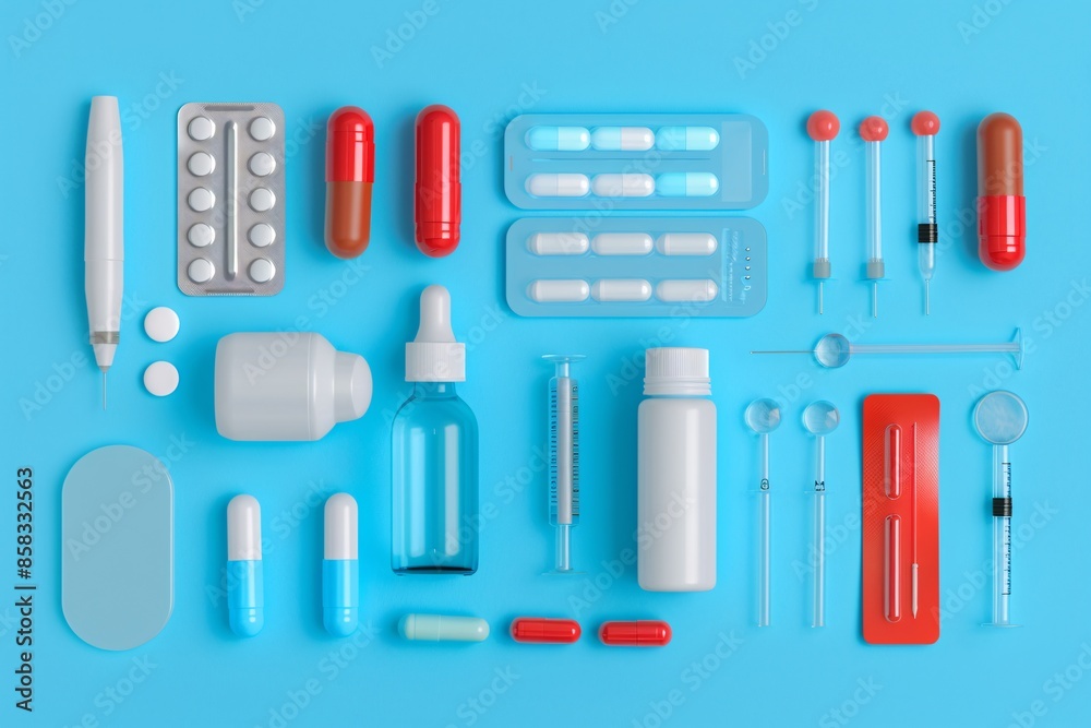 Top view of various medical supplies including pills, syringes, and bottles arranged on a blue background. Healthcare and medication concept.