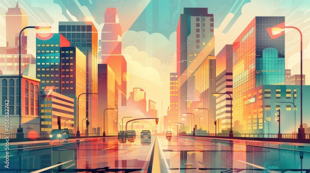 Obraz premium Colorful, futuristic cityscape at dawn, with vibrant high-rise buildings and a clear sky. Modern urban scenery with streetlights and cars.