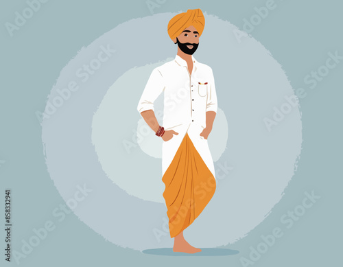 Indian Man in Traditional Dhoti and shirt Greeting Vector illustration