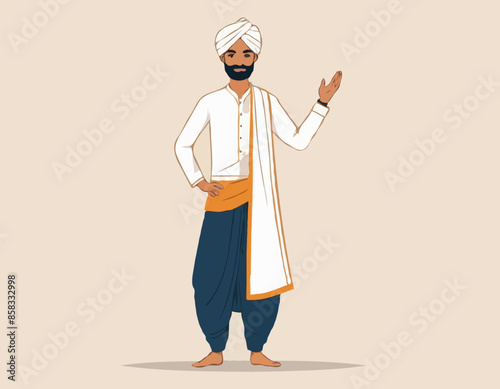 Indian Man in Traditional Dhoti and shirt Greeting Vector illustration
