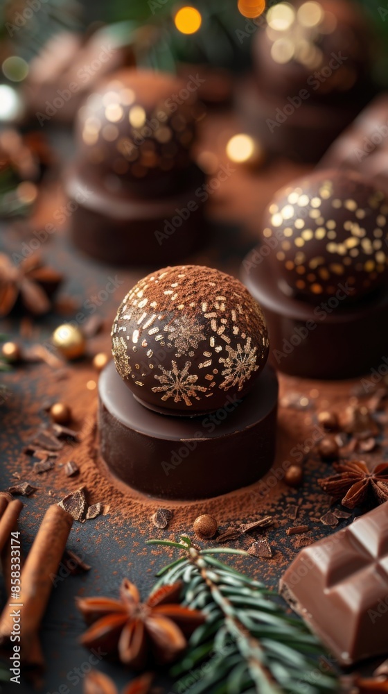 Chocolate covered chocolates with decorations and spices on a table, sugar food, Christmas holiday Chocolate covered chocolates with decorations and spices on a table, sugar food, Christmas holiday