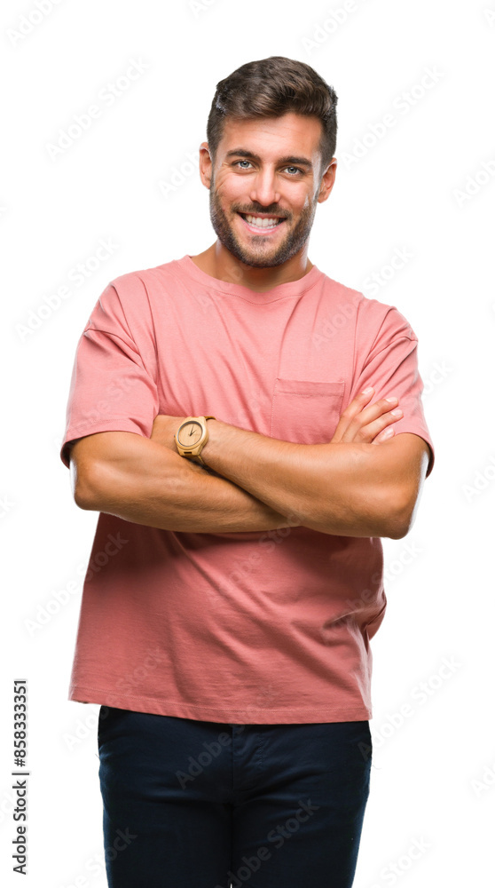 Fototapeta premium Young handsome man over isolated background happy face smiling with crossed arms looking at the camera. Positive person.