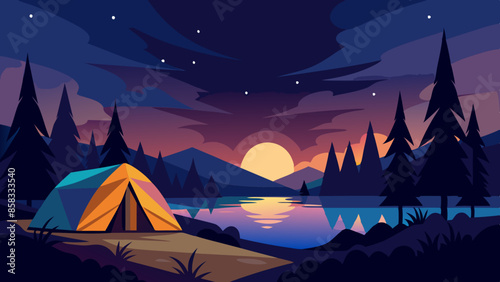 Calm lakeside camping scene with starlit sky and vibrant sunset colors vector illustration. Camping adventure with a tent and a canoe under a starry night sky in a forest setting illustration 