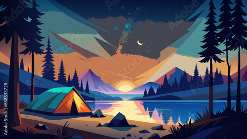 Calm lakeside camping scene with starlit sky and vibrant sunset colors vector illustration. Camping adventure with a tent and a canoe under a starry night sky in a forest setting illustration 