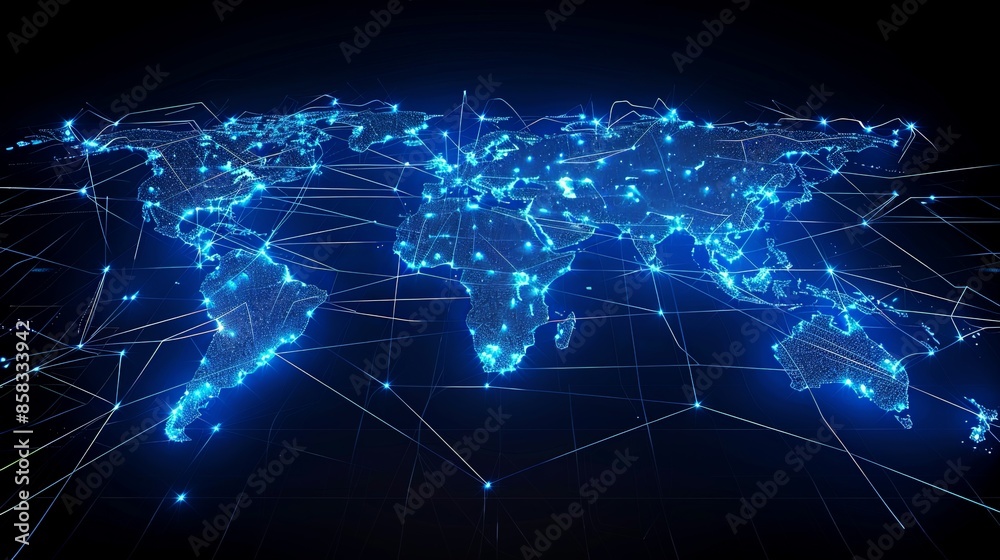 A digital representation of a world map showcasing glowing connections in blue light, illustrating global connectivity and technological network interconnections. A digital representation of a world map showcasing glowing connections in blue light, illustrating global connectivity and technological network interconnections.