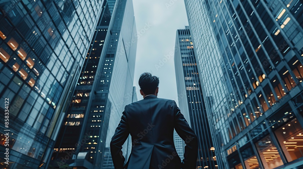 Fototapeta premium Businessman standing in front of modern skyscrapers with his back views a successful businessman concept.