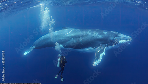 Large whale fish and scuba driver in the sea. Created with Ai