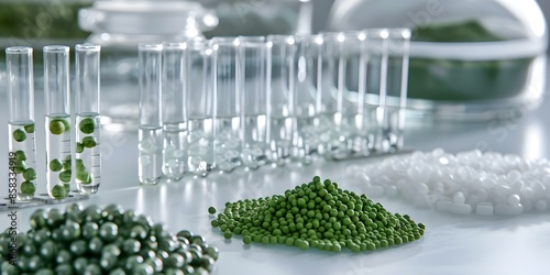 Biodegradable plastic granules and green pellets showcased on lab table. Concept Eco-Friendly Plastics, Sustainable Materials, Laboratory Display, Biodegradable Innovations
